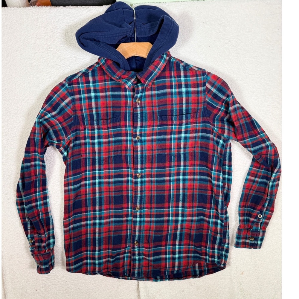 Lands End Boys XXL 18-20 Hooded Flannel Shirt Red Blue Plaid Button Up 525170